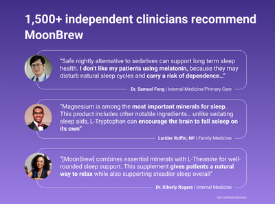 Banner showing more than 1,500 clinicians recommend MoonBrew with three quotes endorsing magnesium and better sleep