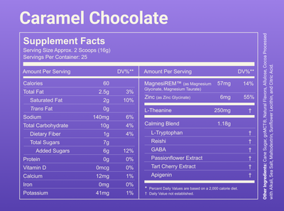 Supplement facts for Caramel Chocolate showing 60 calories, 57 mg magnesium (14% DV), and sleep-supporting ingredients