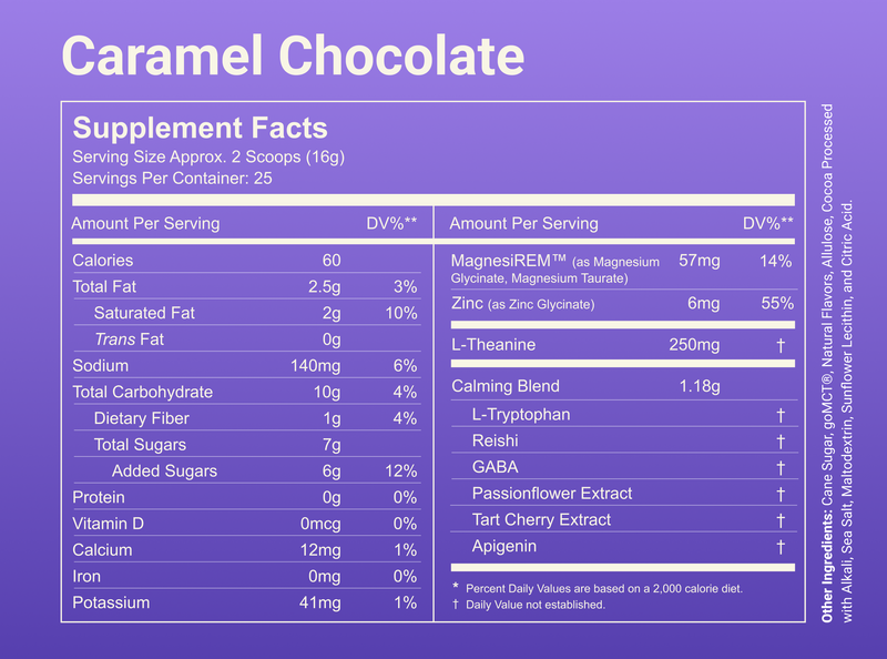 Supplement facts for Caramel Chocolate showing 60 calories, 57 mg magnesium (14% DV), and sleep-supporting ingredients