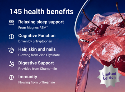 Infographic showing 145 health benefits and five benefits: sleep, cognition, hair/skin/nails, digestion, immunity