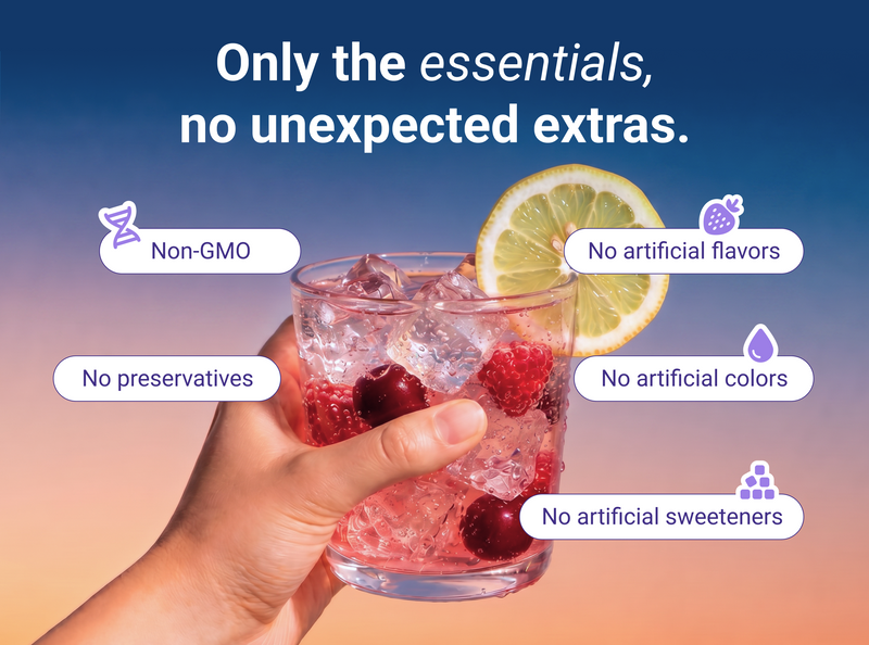 Banner reading Only the essentials — callouts: Non-GMO, no preservatives, no artificial flavors, colors, or sweeteners