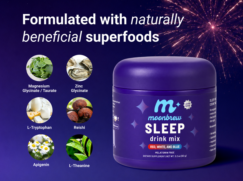 Promotional banner showing MoonBrew Sleep tub, headline ‘Formulated with naturally beneficial superfoods’, and six superfood icons