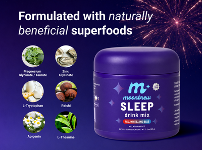 Promotional image showing MoonBrew Sleep drink mix with headline ‘Formulated with naturally beneficial superfoods’ and six ingredient icons