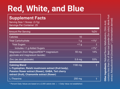 Supplement facts label showing 1 scoop (3.7 g), 25 servings; 10 calories; 55 mg magnesium (14% DV); calming blend 1180 mg; L-Theanine 250 mg