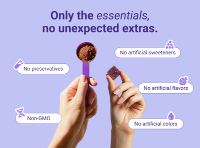 Promotional banner ‘Only the essentials, no unexpected extras’, includes logos indicating Non-GMO, no preservatives or artificial sweeteners, flavors, or colors