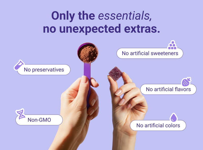 Banner showing headline ‘Only the essentials, no unexpected extras’ with hands holding a purple powder scoop and a gummy; icon callouts: Non‑GMO, no preservatives, no artificial sweeteners, flavors, or colors