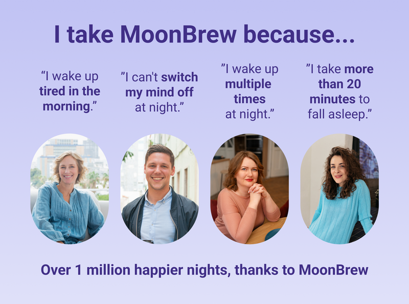Four customer testimonials headed “I take MoonBrew because…” citing waking up tired, a racing mind at night, waking multiple times, and taking over 20 minutes to fall asleep. Caption: “Over 1 million happier nights, thanks to MoonBrew.”