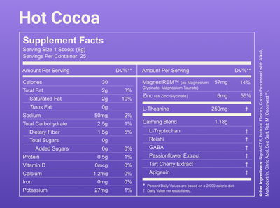 Supplement facts table for Hot Cocoa showing serving size 1 scoop (8 g), 30 calories, 57 mg MagnesiREM magnesium, 250 mg L-theanine, and a 1.18 g calming blend