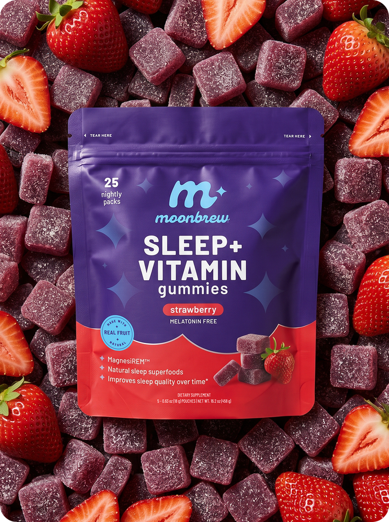 Front view of MoonBrew Sleep+ strawberry gummies pouch showing ‘25 nightly packs’ label on a bed of sugar-coated gummies and strawberries