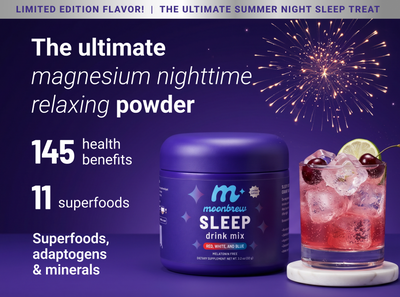 MoonBrew Sleep tub and drink with headline Ultimate magnesium powder and callouts 145 health benefits and 11 superfoods