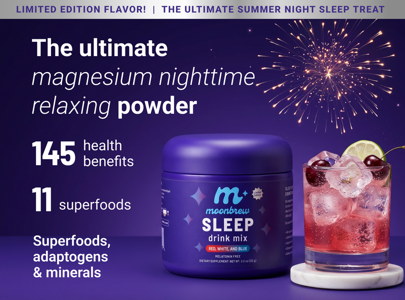 MoonBrew Sleep tub and drink with headline Ultimate magnesium powder and callouts 145 health benefits and 11 superfoods
