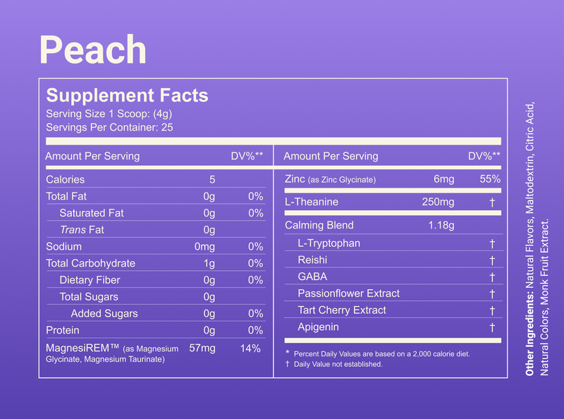 Supplement facts for Peach showing serving size 1 scoop, 25 servings, 5 calories, MagnesiREM 57 mg, zinc 6 mg, calming blend