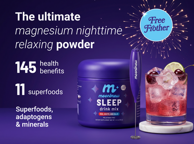 Front of MoonBrew Sleep (Red, White & Blue) with frother and glass; text ‘The ultimate magnesium nighttime relaxing powder’