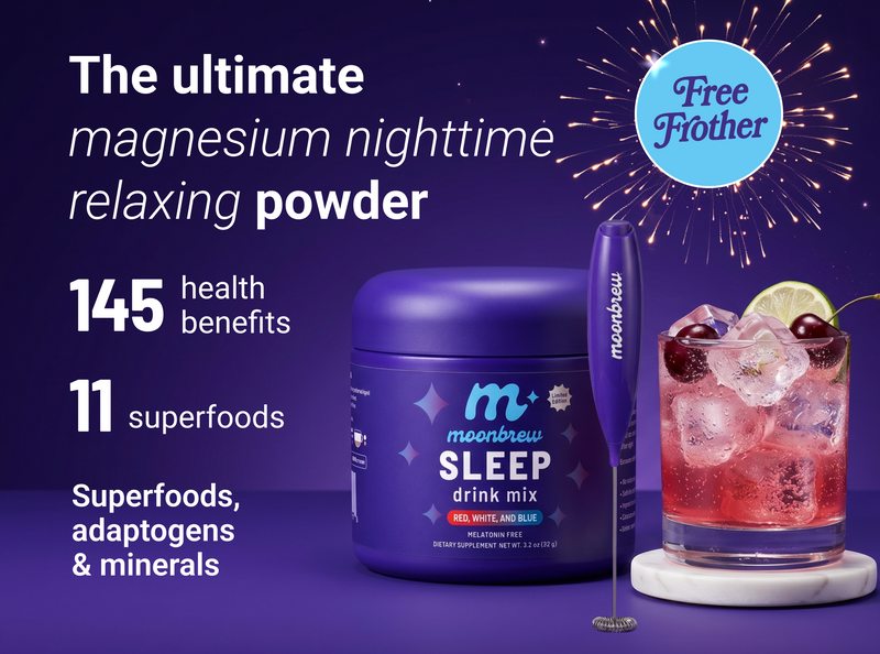 Front of MoonBrew Sleep (Red, White & Blue) with frother and glass; text ‘The ultimate magnesium nighttime relaxing powder’