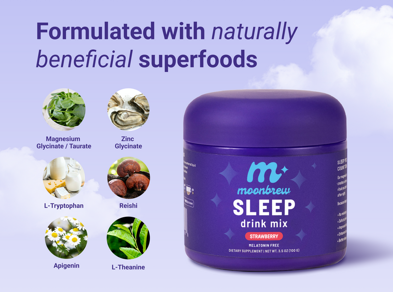 Graphic showing MoonBrew Sleep strawberry tub with headline Formulated with naturally beneficial superfoods