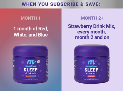 Split promotional graphic showing subscription benefits: Month 1 — one Red, White, and Blue sleep drink mix; Month 2+ — Strawberry drink mix every month