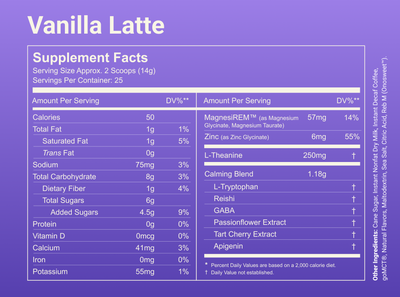 Supplement facts for Vanilla Latte: serving 2 scoops (14g), 50 cal, MagnesiREM 57mg, L-Theanine 250mg, calming blend 1.18g