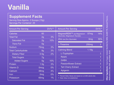 Supplement Facts for Vanilla: serving 2 scoops (15g); 60 calories; 57 mg magnesium (MagnesiREM); 250 mg L‑theanine