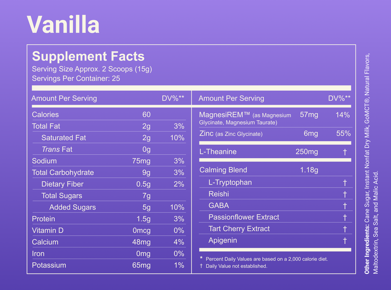 Nutrition label showing Vanilla supplement facts with 60 calories per serving, MagnesiREM 57 mg, L-Theanine 250 mg